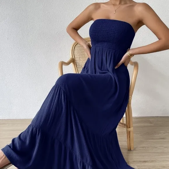 Shirred Ruffle Hem Maxi Tube Dress