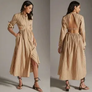 SIGNIFICANT OTHER Petra Linen Blend Cutout Maxi Dress in Almond Black Stripe