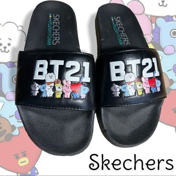 Skechers x Line Friends BT21 plush slides Sz 6 Rare