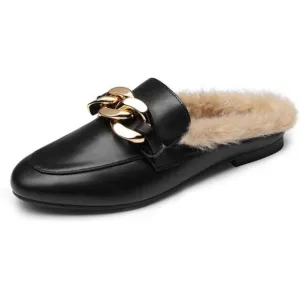 Slides Loafers with Chain Backless Women’s Mules, Black/Fur