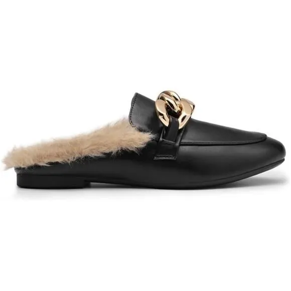 Slides Loafers with Chain Backless Women’s Mules, Black/Fur
