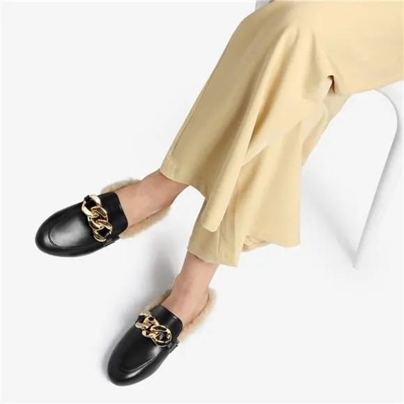 Slides Loafers with Chain Backless Women’s Mules, Black/Fur