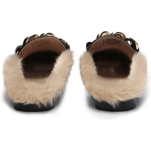 Slides Loafers with Chain Backless Women’s Mules, Black/Fur