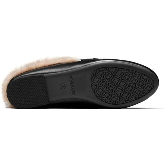 Slides Loafers with Chain Backless Women’s Mules, Black/Fur