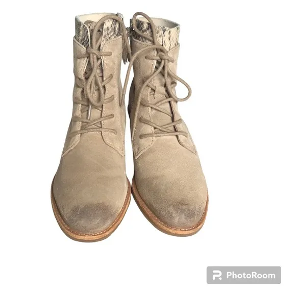 Sofft Althea Beige Suede Snakeskin Detail Waterproof Lace Up Ankle Boots Booties