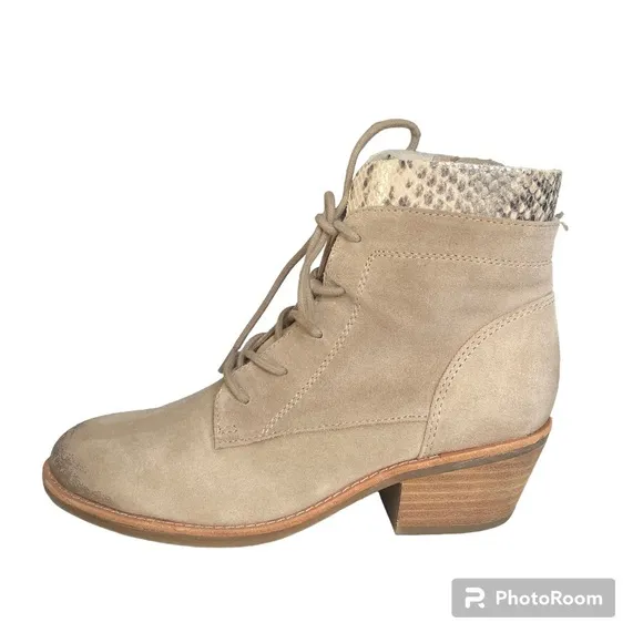 Sofft Althea Beige Suede Snakeskin Detail Waterproof Lace Up Ankle Boots Booties