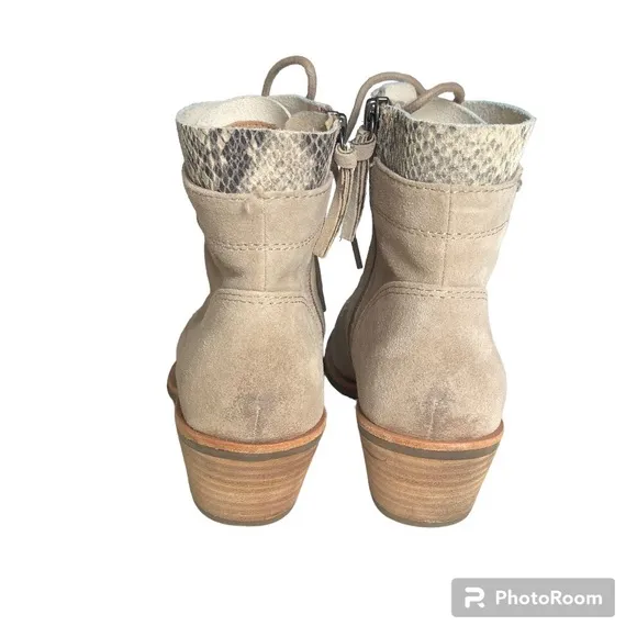 Sofft Althea Beige Suede Snakeskin Detail Waterproof Lace Up Ankle Boots Booties