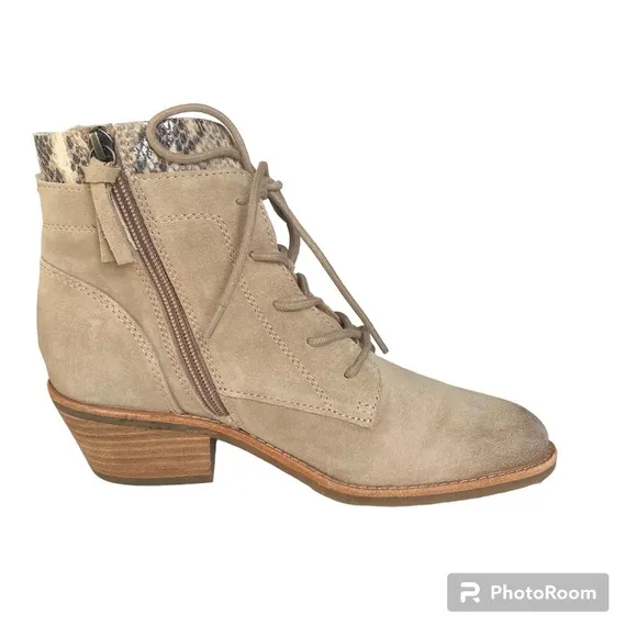 Sofft Althea Beige Suede Snakeskin Detail Waterproof Lace Up Ankle Boots Booties