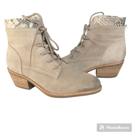 Sofft Althea Beige Suede Snakeskin Detail Waterproof Lace Up Ankle Boots Booties