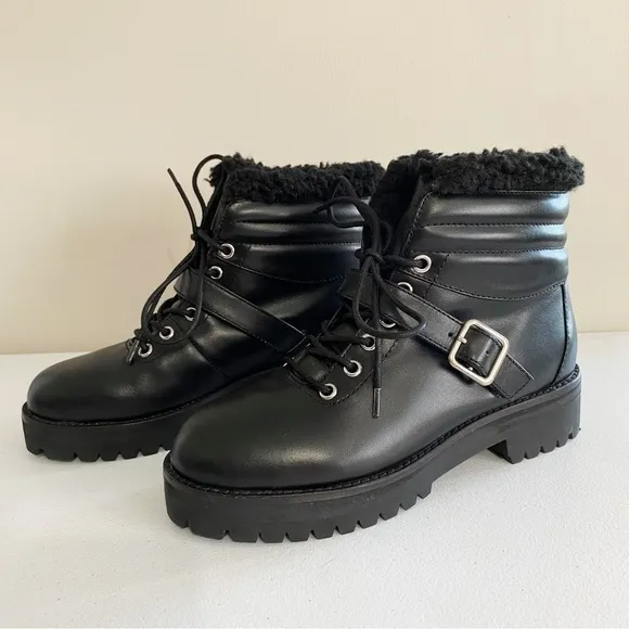 Sol Sana 8 Shannon‎ Boots Cowhide Leather Sherpa Lined Black Hiker Combat