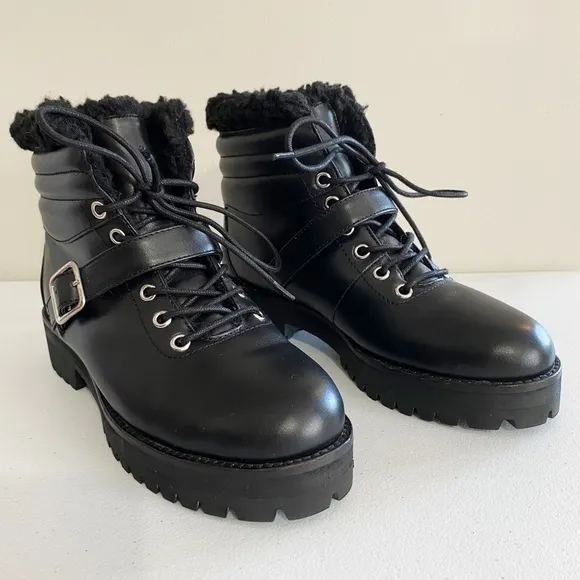 Sol Sana 8 Shannon‎ Boots Cowhide Leather Sherpa Lined Black Hiker Combat