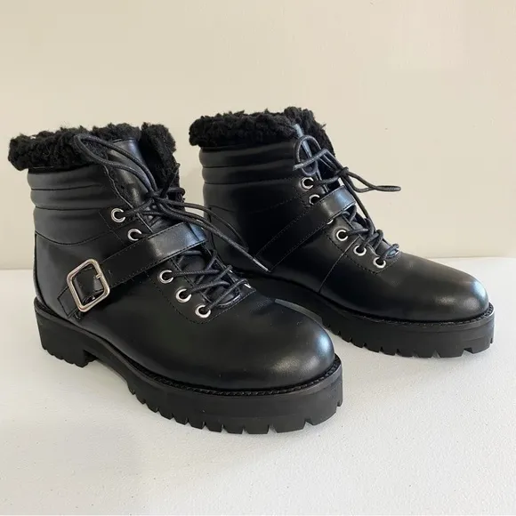 Sol Sana 8 Shannon‎ Boots Cowhide Leather Sherpa Lined Black Hiker Combat
