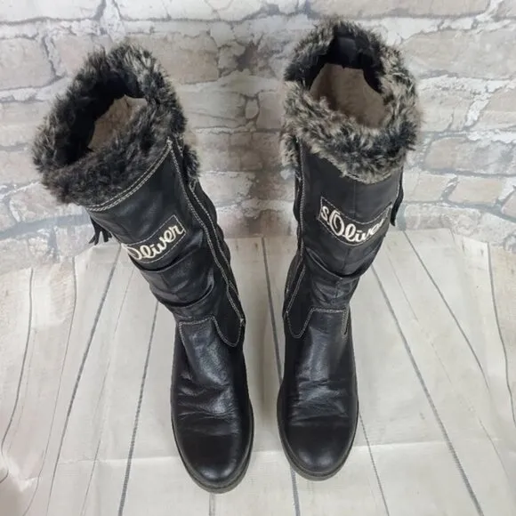 S.Oliver Winter Tall Leather Boots Lined Fauz Fur Size 38 US 7