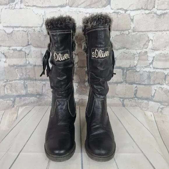 S.Oliver Winter Tall Leather Boots Lined Fauz Fur Size 38 US 7