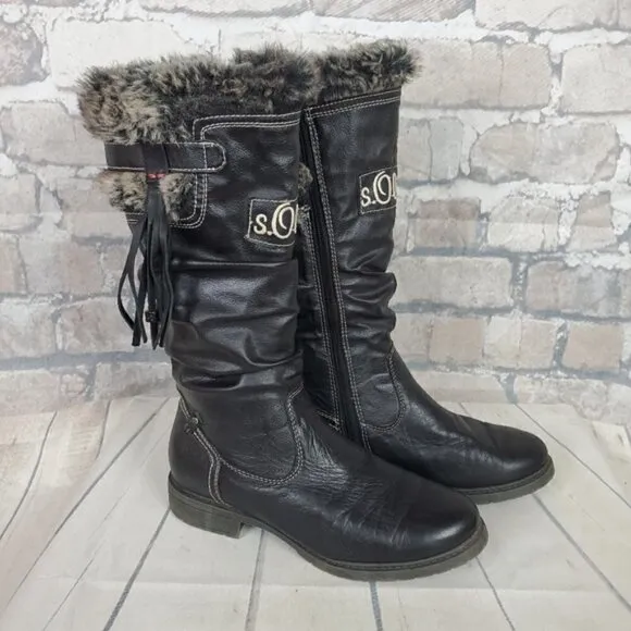 S.Oliver Winter Tall Leather Boots Lined Fauz Fur Size 38 US 7