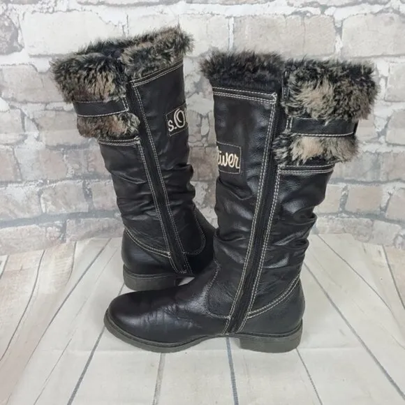 S.Oliver Winter Tall Leather Boots Lined Fauz Fur Size 38 US 7