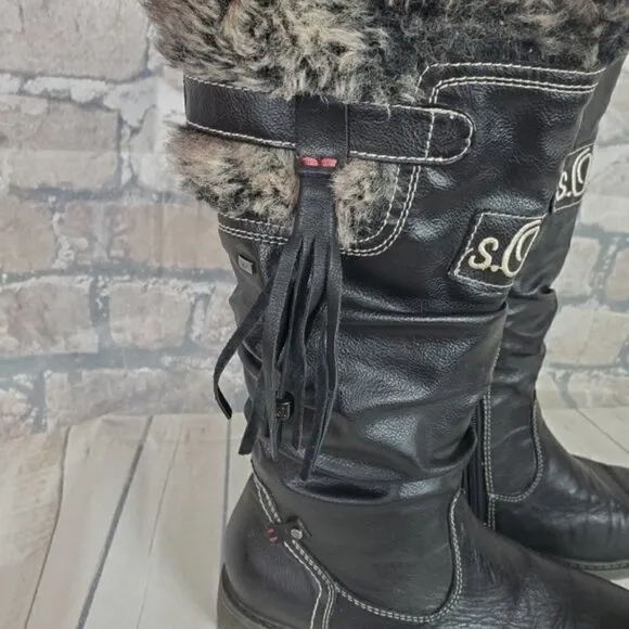 S.Oliver Winter Tall Leather Boots Lined Fauz Fur Size 38 US 7