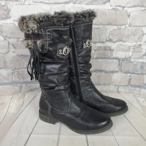 S.Oliver Winter Tall Leather Boots Lined Fauz Fur Size 38 US 7