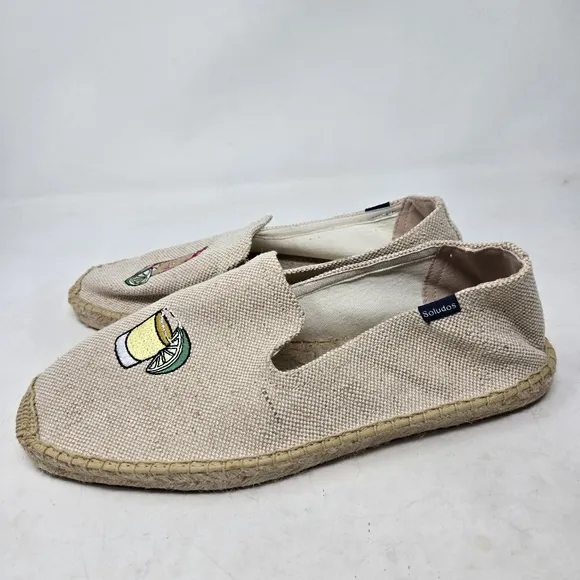 SOLUDOS Beer Shot Smoking Slippers Beige Espadrilles Drink Embroidery Size 11