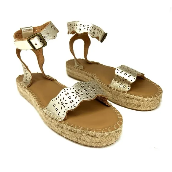 Soludos Cadiz Wave Sandals Size 9 Perforated Leather Espadrille Platinum EUC