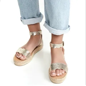 Soludos Cadiz Wave Sandals Size 9 Perforated Leather Espadrille Platinum EUC