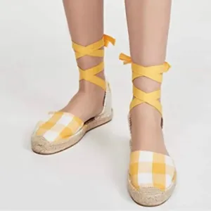 Soludos | Lauren Espadrilles Plaid Marigold Ankle Wrap Ties Jute EUC