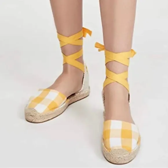 Soludos | Lauren Espadrilles Plaid Marigold Ankle Wrap Ties Jute EUC