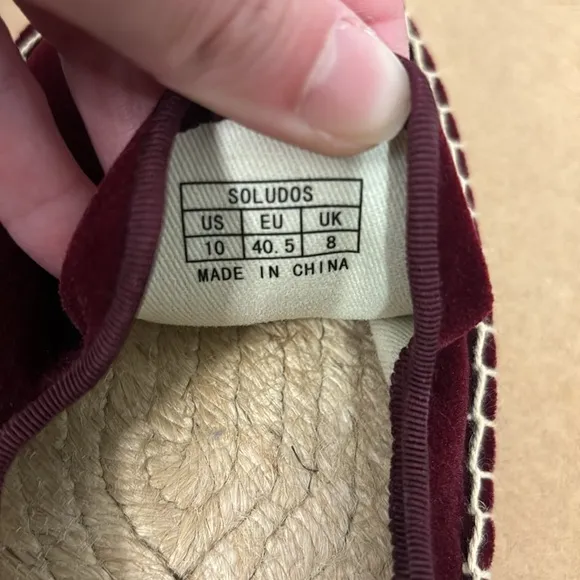 Soludos Red Burgundy Velvet Slip On Espadrilles Size 10