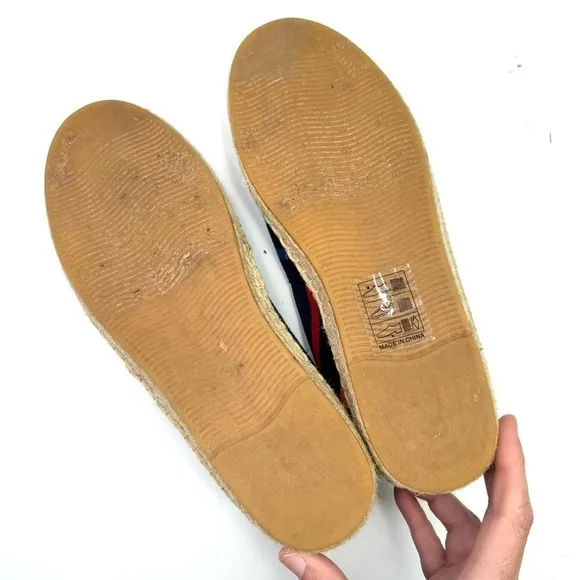 Soludos The Dali rainbow striped espadrilles navy background recycled cotton 9