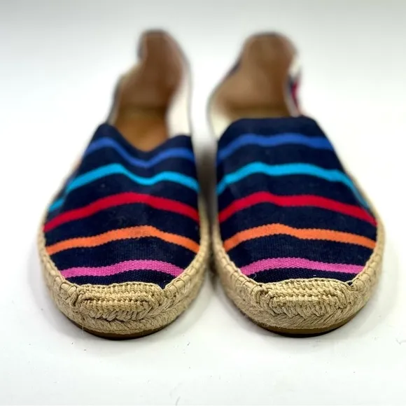 Soludos The Dali rainbow striped espadrilles navy background recycled cotton 9