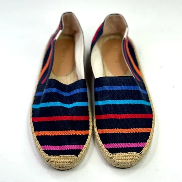 Soludos The Dali rainbow striped espadrilles navy background recycled cotton 9