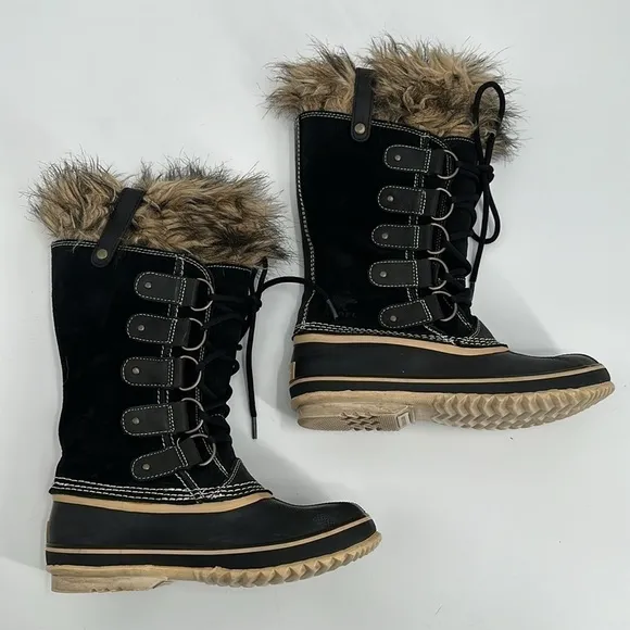 Sorel Black Suede Joan of Arctic Fuzzy Lined Boot Size 8