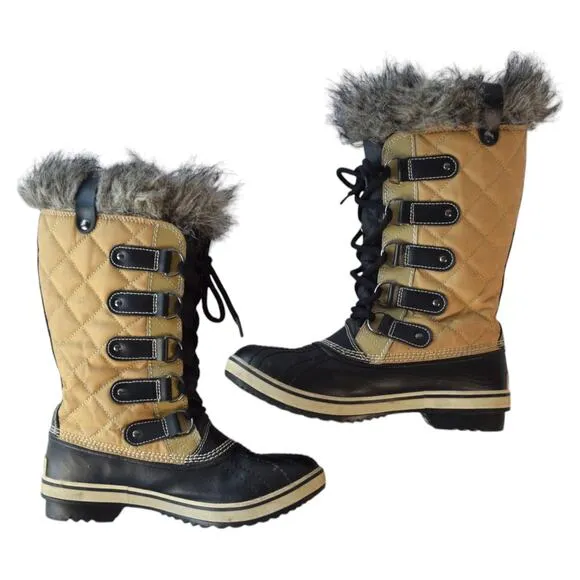 Sorel Brown Quilted Canvas Faux Fur Trim Waterproof Winter Boots Size 7