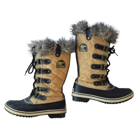 Sorel Brown Quilted Canvas Faux Fur Trim Waterproof Winter Boots Size 7