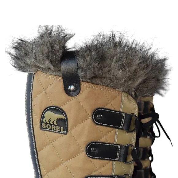 Sorel Brown Quilted Canvas Faux Fur Trim Waterproof Winter Boots Size 7