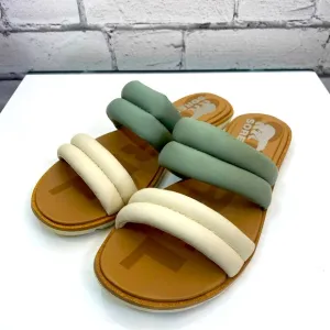 Sorel Ella II Puffer Slide Sandals Black Flat Sole Leather Cream &amp; Green Size 6