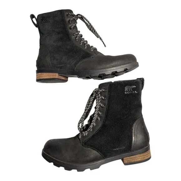Sorel Emelie Black Waterproof Leather Lace-Up Mid Top Utility Winter Boots Sz 6