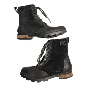 Sorel Emelie Black Waterproof Leather Lace-Up Mid Top Utility Winter Boots Sz 6