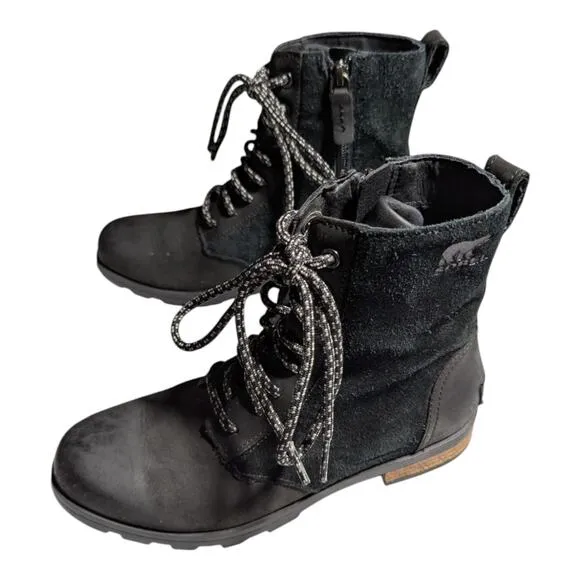 Sorel Emelie Black Waterproof Leather Lace-Up Mid Top Utility Winter Boots Sz 6