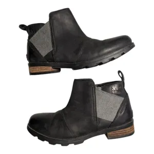 Sorel Emelie Black Waterproof Leather Minimalist Preppy Chelsea Ankle Boots 7.5