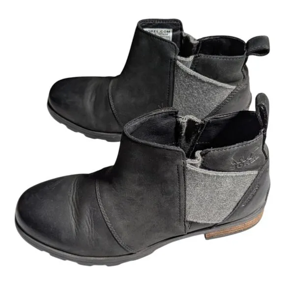 Sorel Emelie Black Waterproof Leather Minimalist Preppy Chelsea Ankle Boots 7.5