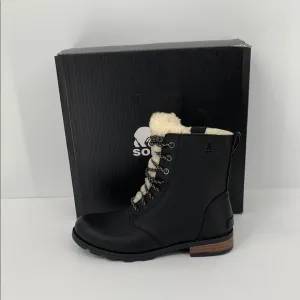 Sorel Emelie Short Lace Cozy Boots black leather shearling winter waterproof 7