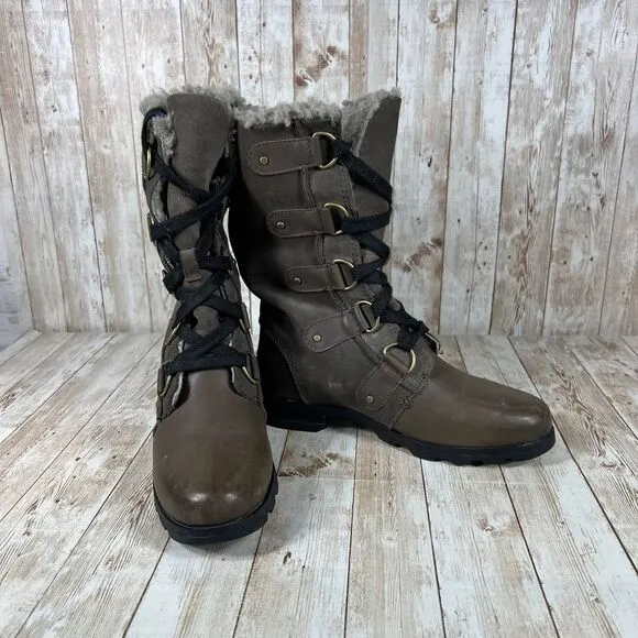 Sorel Emelie Tall Lace Winter Boots Faux Fur Lined Brown Leather Combat Size 6.5