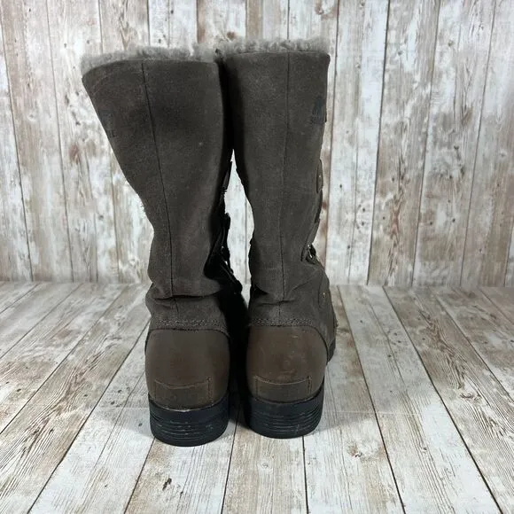 Sorel Emelie Tall Lace Winter Boots Faux Fur Lined Brown Leather Combat Size 6.5
