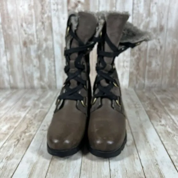 Sorel Emelie Tall Lace Winter Boots Faux Fur Lined Brown Leather Combat Size 6.5