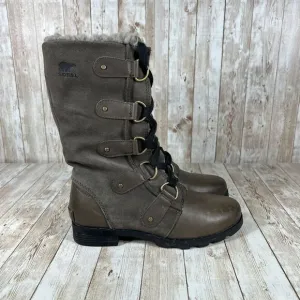 Sorel Emelie Tall Lace Winter Boots Faux Fur Lined Brown Leather Combat Size 6.5