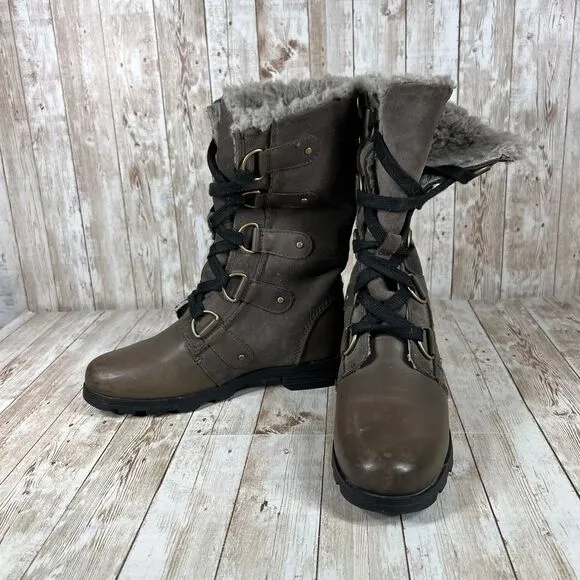 Sorel Emelie Tall Lace Winter Boots Faux Fur Lined Brown Leather Combat Size 6.5