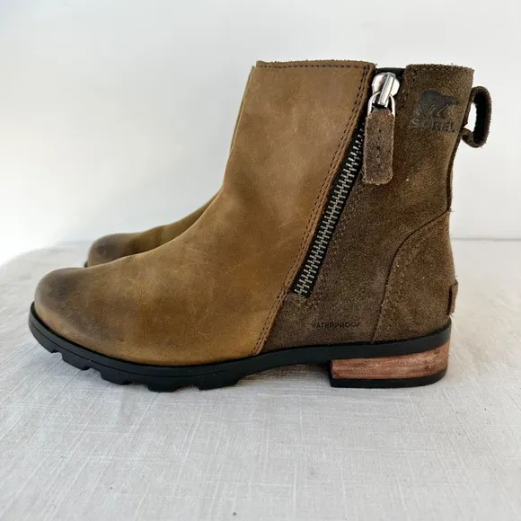 Sorel Emelie Waterproof Leather Ankle Boots Side Zip Brown Casual Size‎ 6