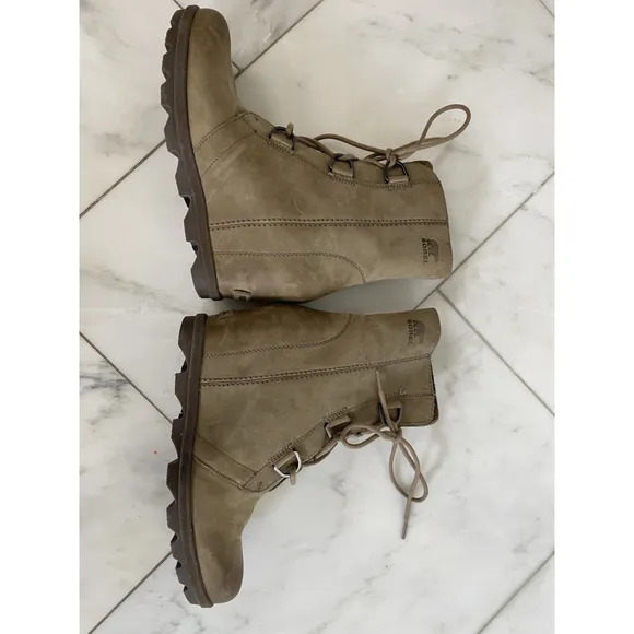 Sorel Joan Of Arctic Bootie Sz 11 Tan Leather Side Zip Hidden Wedge Waterproof