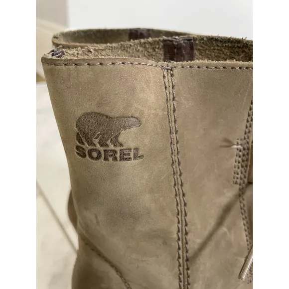 Sorel Joan Of Arctic Bootie Sz 11 Tan Leather Side Zip Hidden Wedge Waterproof